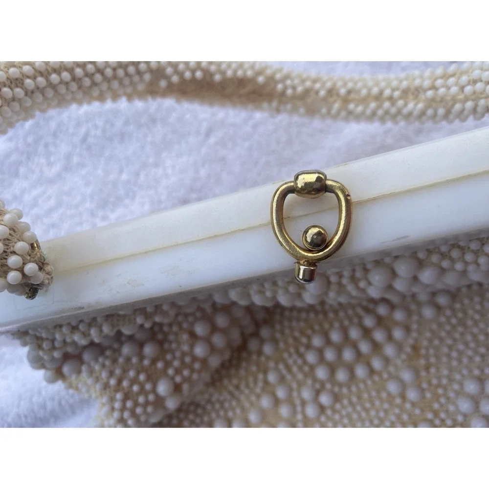 VTG‎ 1940s White Beaded Handbag Celluloid Frame Purse Handmade Hong Kong